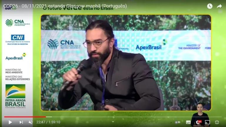 Screenshot of a YouTube video showing Dr Rafael De Oliveira Silva presenting at COP26 in 2021