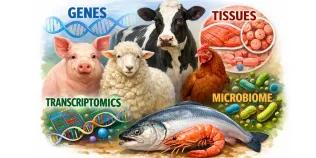 An educational illustration depicting the intersection of livestock biology and data science. In the center, a pig, sheep, Holstein cow, chicken, fish, and shrimp are grouped together. Around them are four labeled categories of biological data.