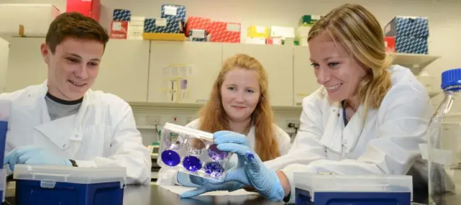 Decorative image of students and scientist in a lab
