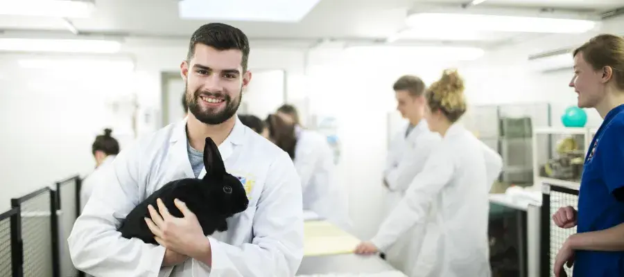 A vet student holding a rabbit with other students and staff in the background