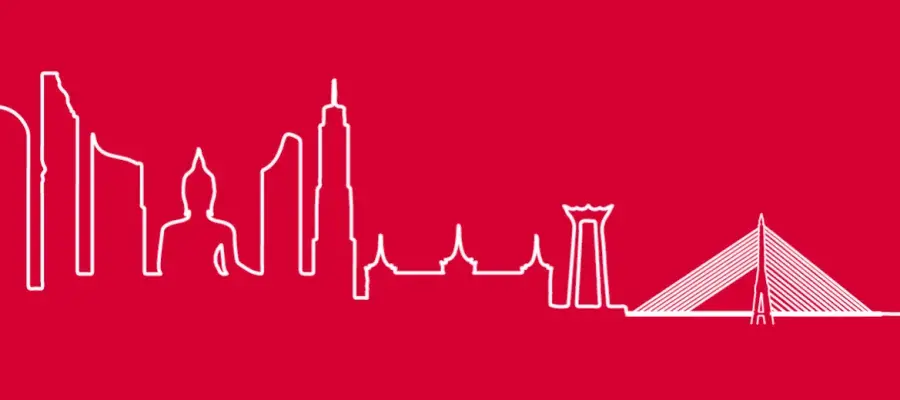 White outline of the Bangkok skyline against a red background