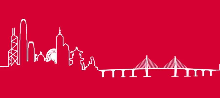 White outline of the Hong Kong skyline against a red background