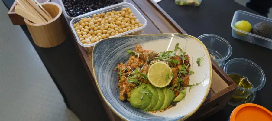 A bowl of vegan food with chickpeas, avocado, and fresh herbs.