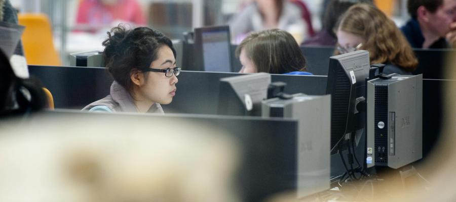 Students at computers in the vet library