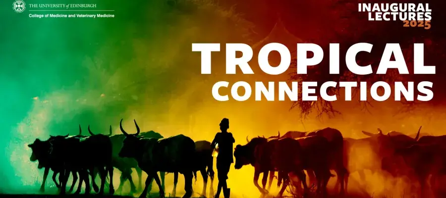 A poster featuring African Livestock with the words 'Tropical Connections' and 'Inaugural Lectures 2025' over it. The logo is for the College of Medicine and Veterinary Medicine at the University of Edinburgh.