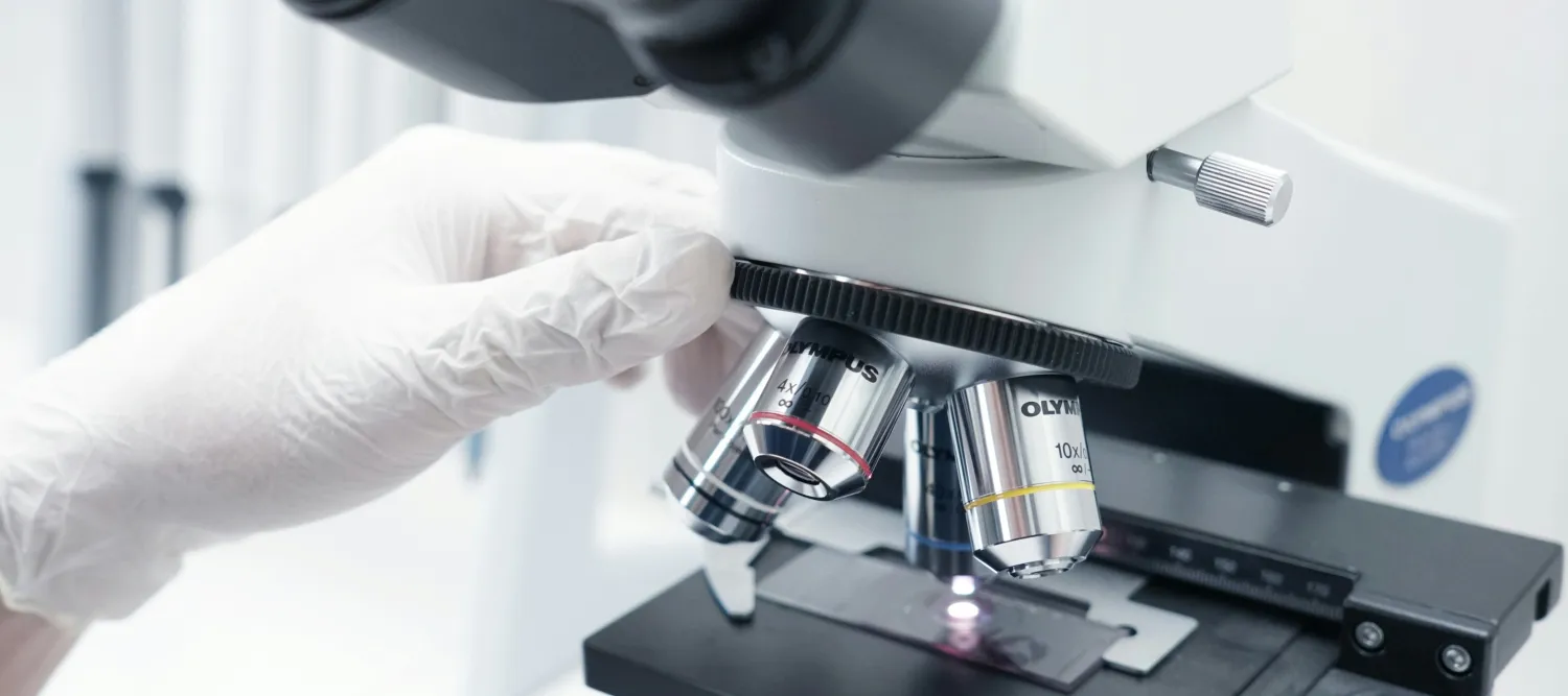 microscope with loaded slide with gloved hand adjusting the lens