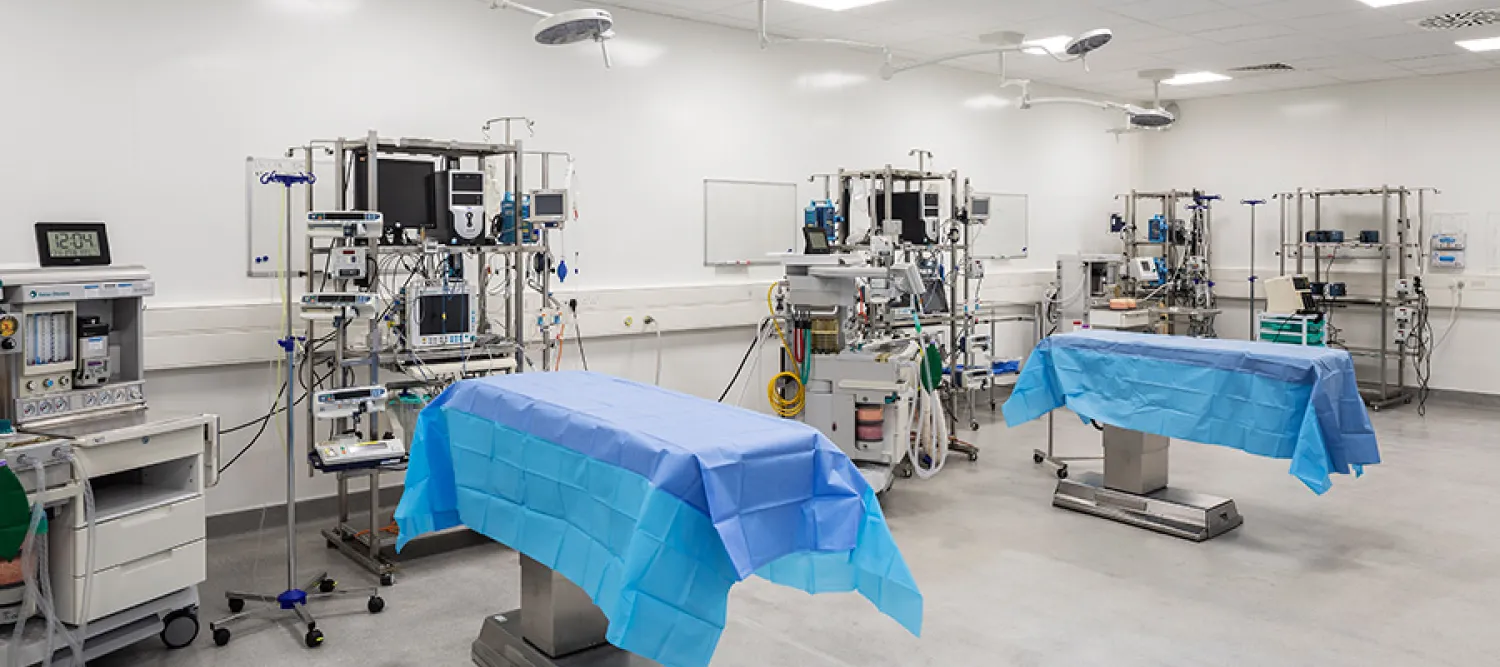 Three beds surrounded by anaeasthesia and monitoring equipment in surgical facility for large animals.