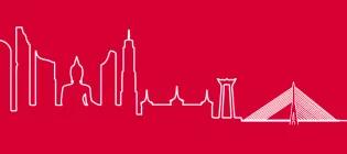 White outline of the Bangkok skyline against a red background