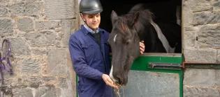 A vet student feeding a horse.
