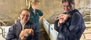 Two visiting scientists holding piglets