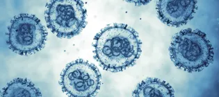 A microscopic image of a virus, showing virions in blue