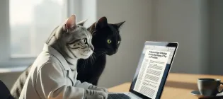 An AI generated image of two cats at a table looking at a laptop