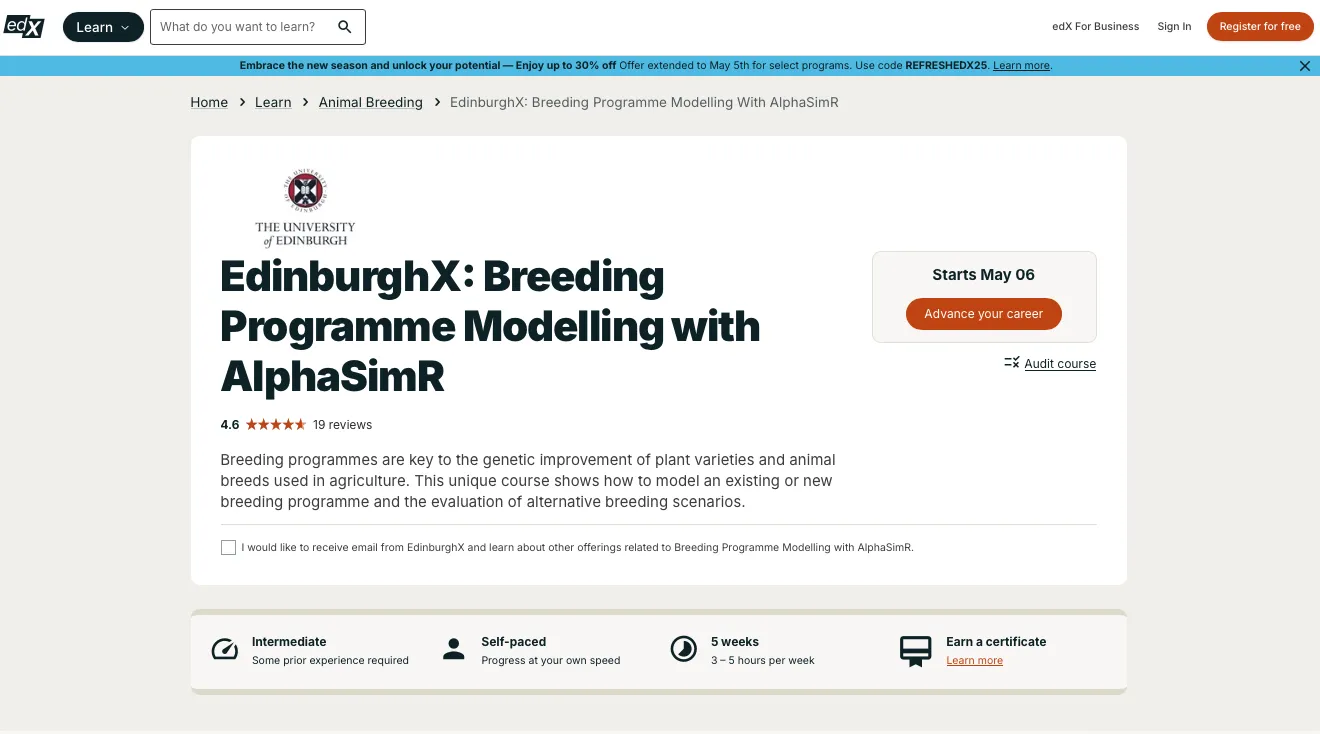 Screenshot of course on edX website