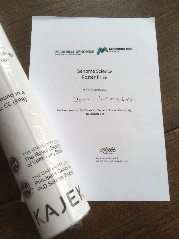 Genome Science 2019 poster prize certificate awarded to Josh Harling-Lee