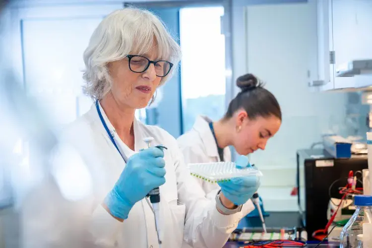 Scientists work at a lab bench in the Roslin Institute