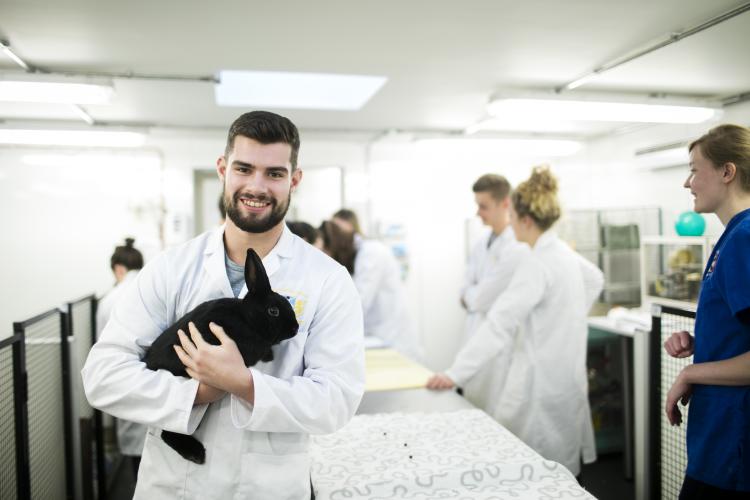 A vet student holding a rabbit with other students and staff in the background