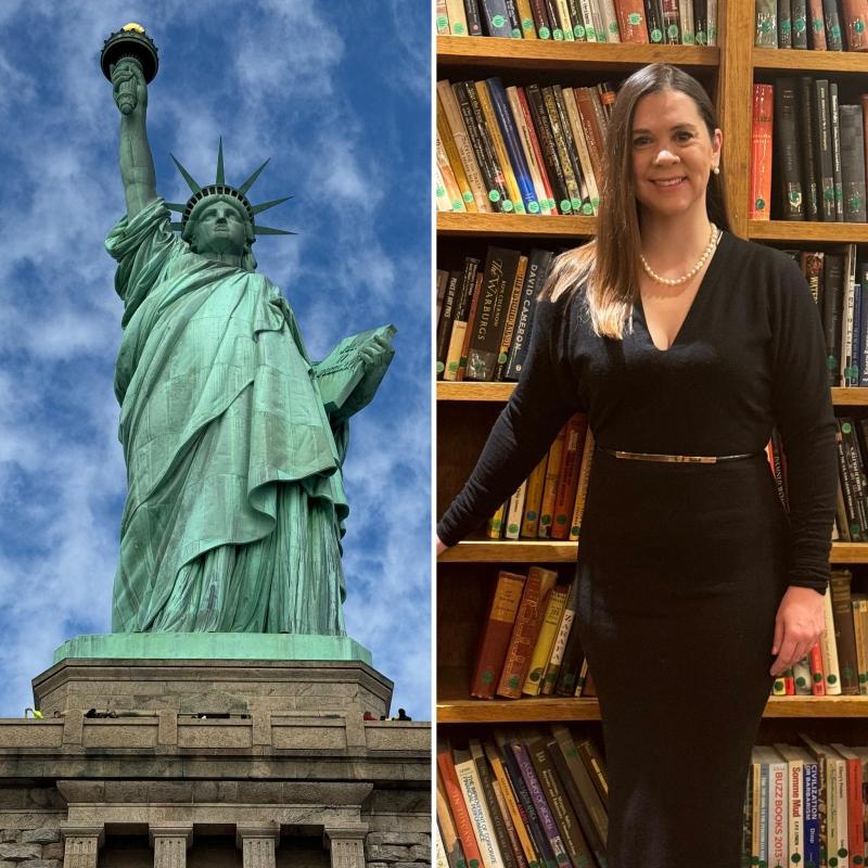two images- one of the statue of liberty and another of vet Suzie smiling, wearing a  black dress and standing in a formal library