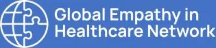 The logo for the Global Empathy in Healthcare Network featuring text and an image of a round jigsaw in white on a blue background