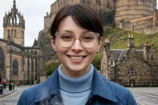 portrait of a woman, wearing glasses, in Edinburgh