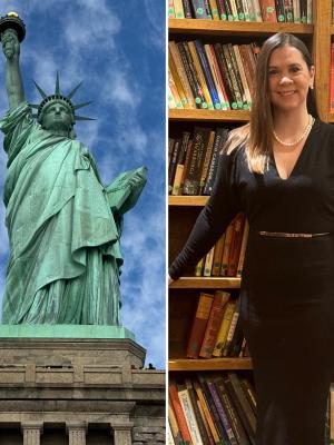 tw images- one of the statue of liberty and another of vet Suzie smiling, wearing a  black dress and standing in a formal library