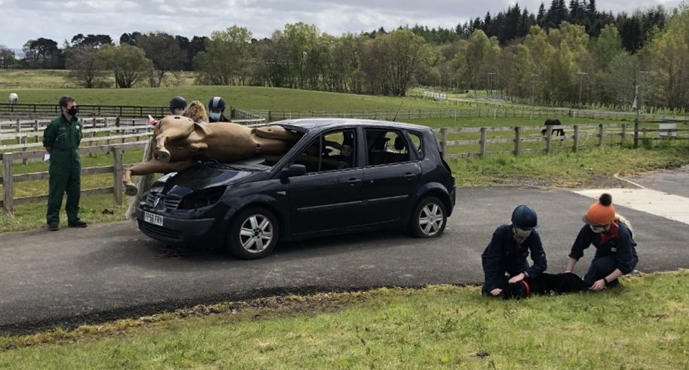 horse mannequin in thew windsceen of a stationary car being assessed by a group of vet students