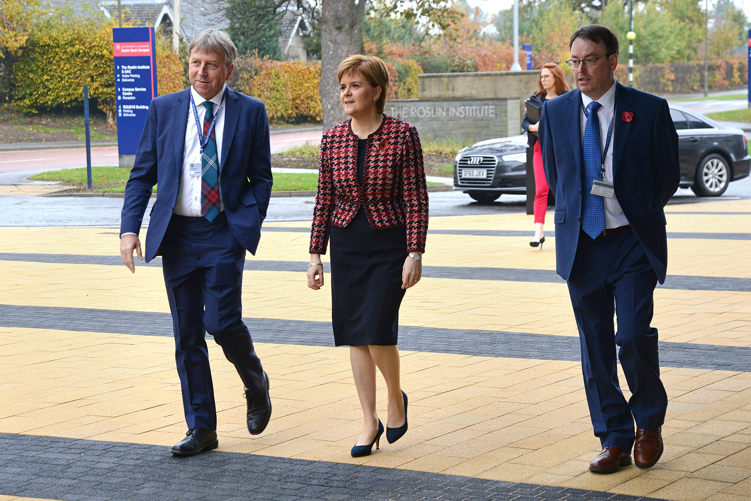 Nicola Sturgeon is welcomed by University’s Principal Peter Mathieson and Head of School David Argyle on her arrival to the campus. 