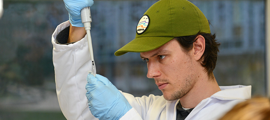 A man measures liquid with a pipette