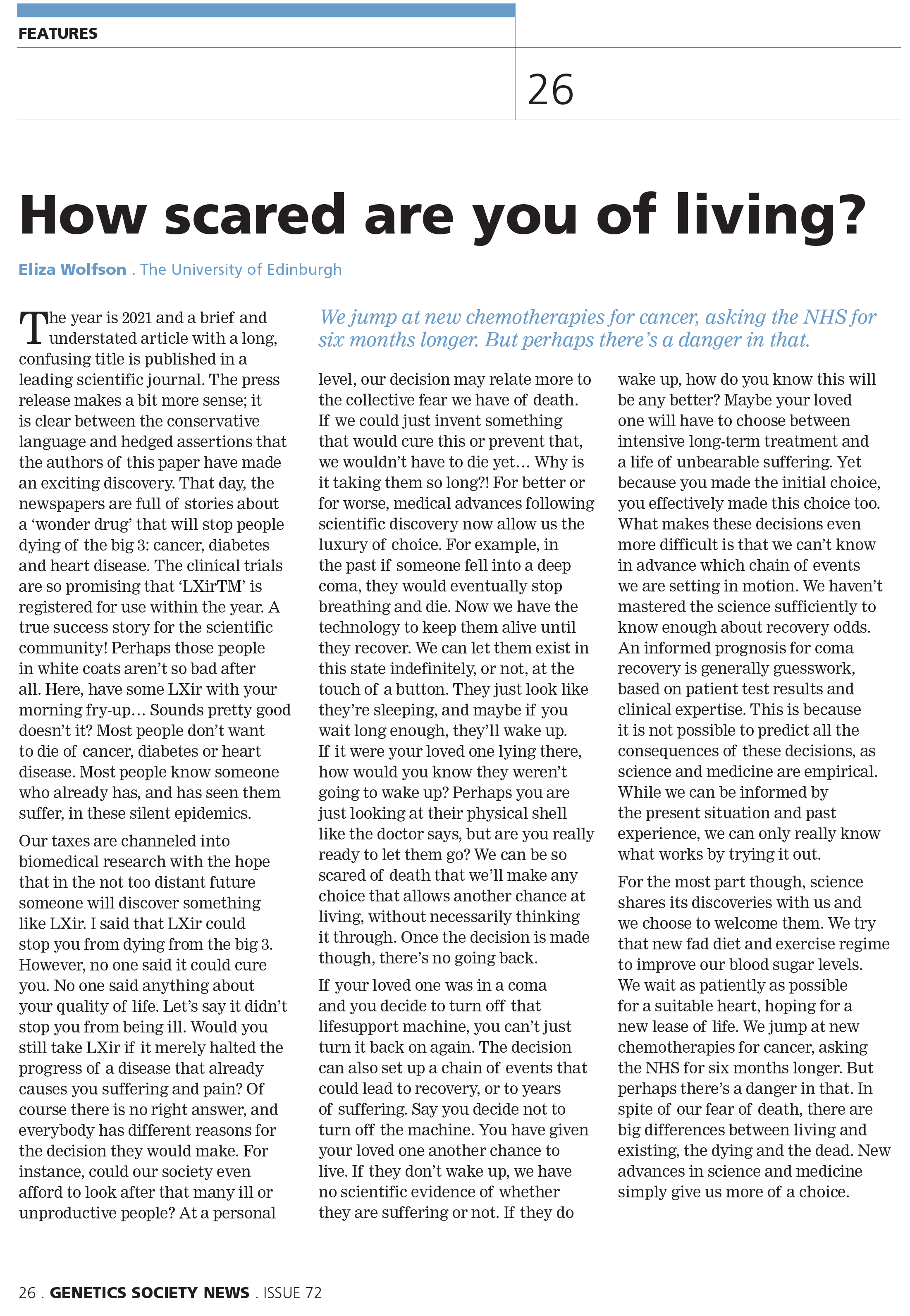 \"How scared are you of living?\" article