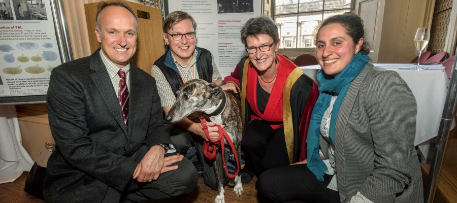 Pictured with the Rector from left to right are Neil Hudson, Andrew Gardiner, ‘Pace’ the staff dog and Stella Mazeri”