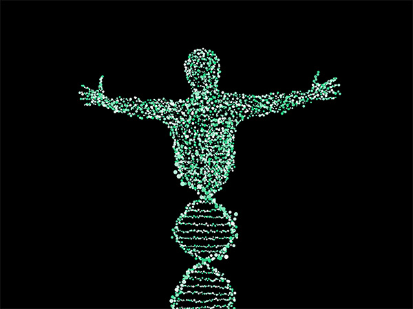 Illustration of a DNA stranding forming into the shape of a person with outstretched arms.