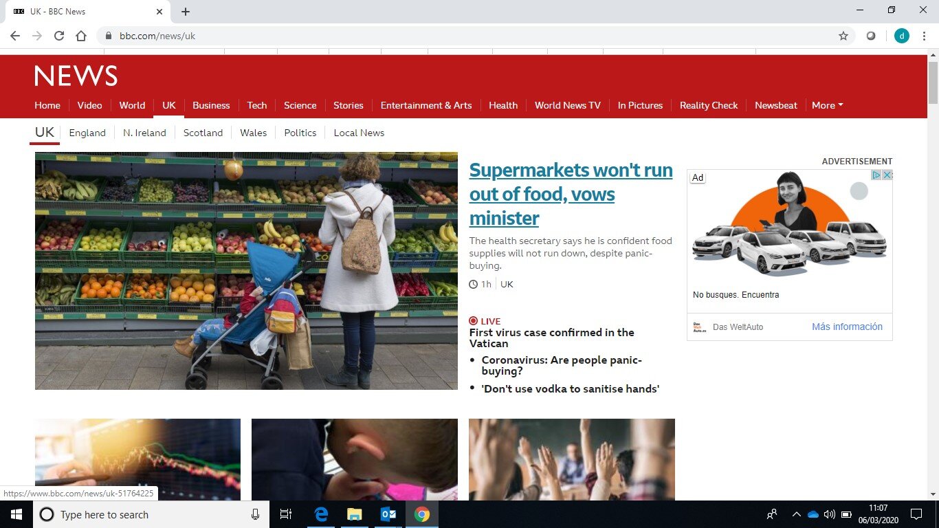 BBC news website screenshot showing headlines about supermarkets struggling with demand during Covid-19 initial outbreak.