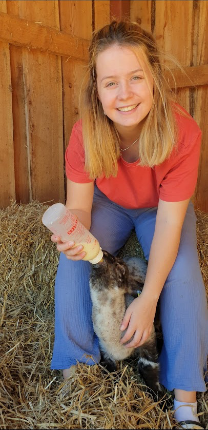 Sarah Holmes bottle-feeding a lamb