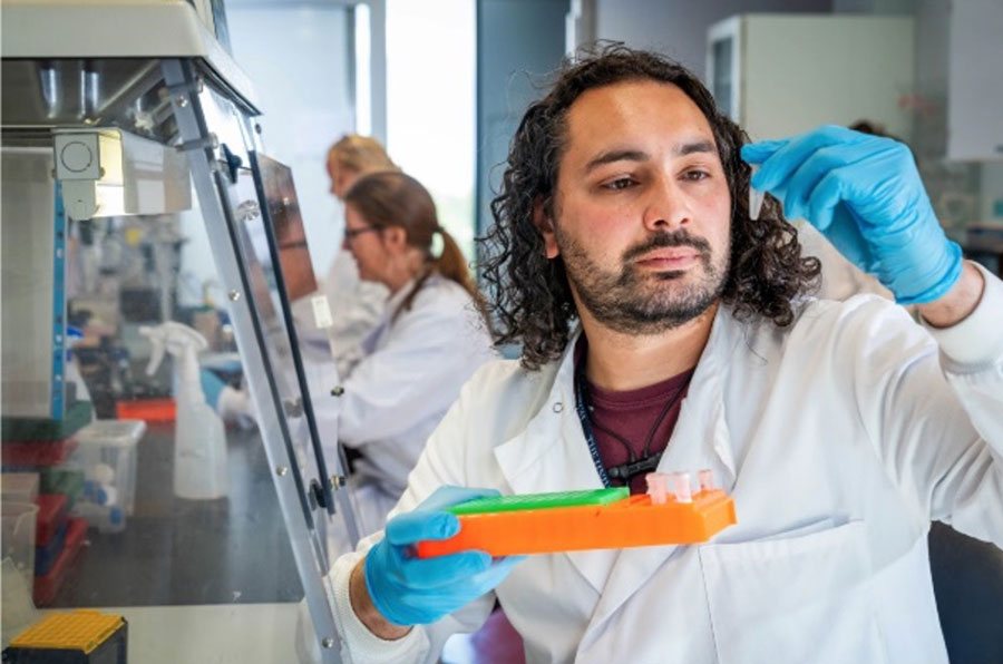 Scientist looking at test tube